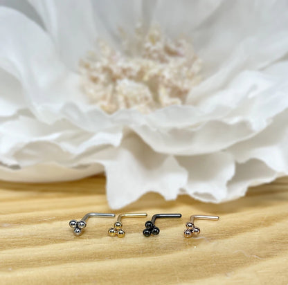 ✨ 3-Ball Triangle Top L-Bend Nose Stud 20G