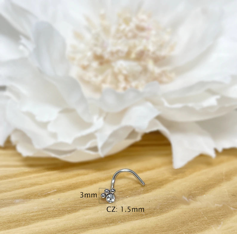 ✨ Round CZ 3-beaded ball Screw Nose Ring 20G