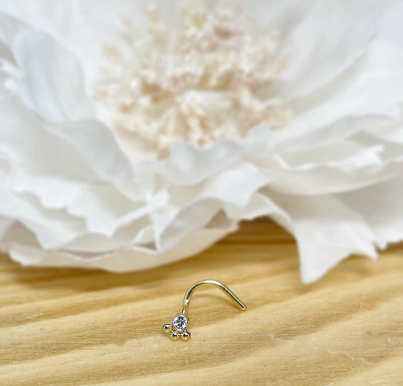 ✨ Round CZ 3-beaded ball Screw Nose Ring 20G