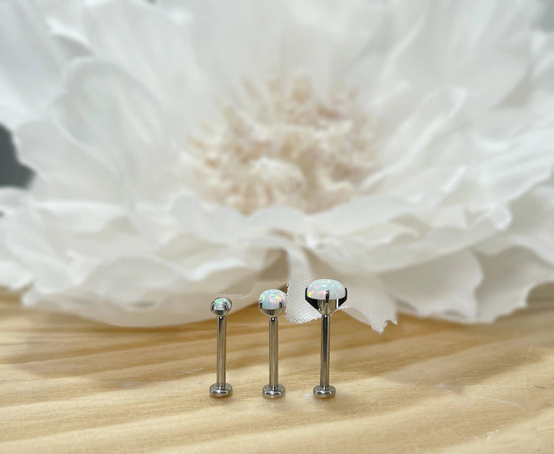 ✨ Titanium White Opal Prong Set Top Threadless Labret Bar