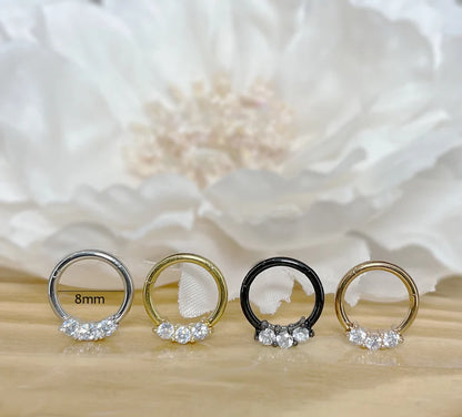 ✨ 16G 8mm Surgical Steel 3-CZ Hinged Clicker Hoop