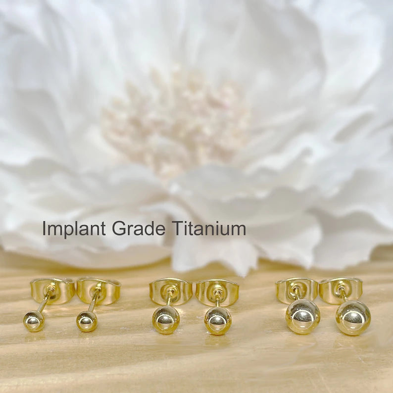 ✨ Gold Titanium Round Ball Stud Earrings