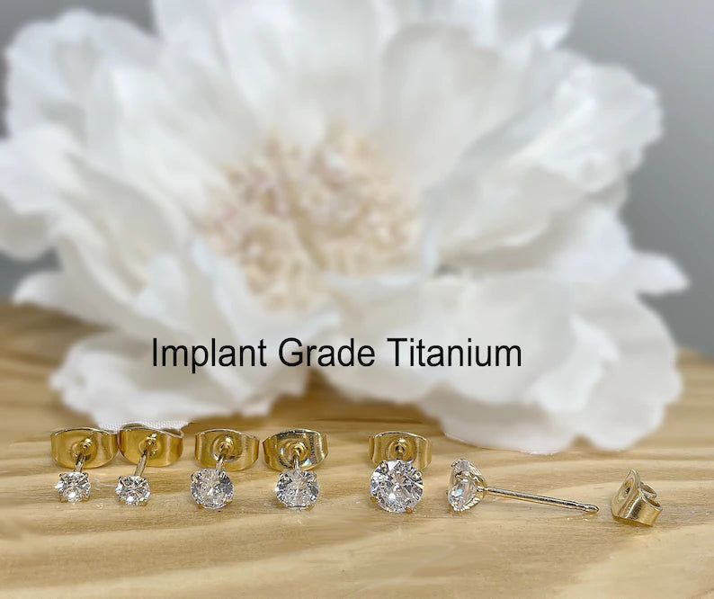 ✨ Gold Titanium Clear CZ Stud Earrings