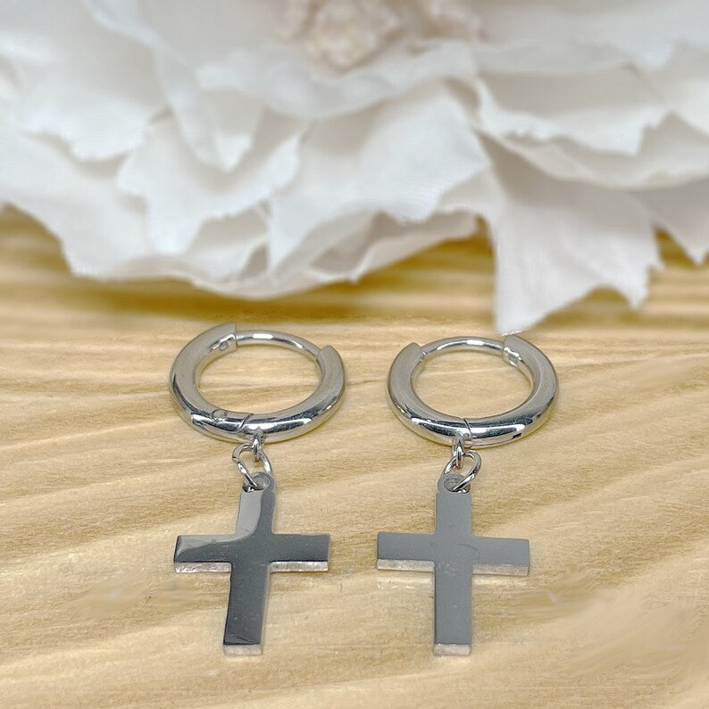 ✨ Surgical Steel Cross Dangle Hoop Earrings