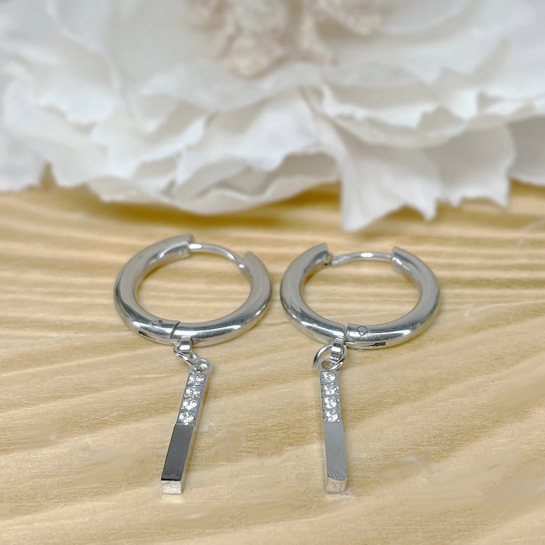 ✨ Surgical Steel CZ Bar Dangle Hoop Earrings