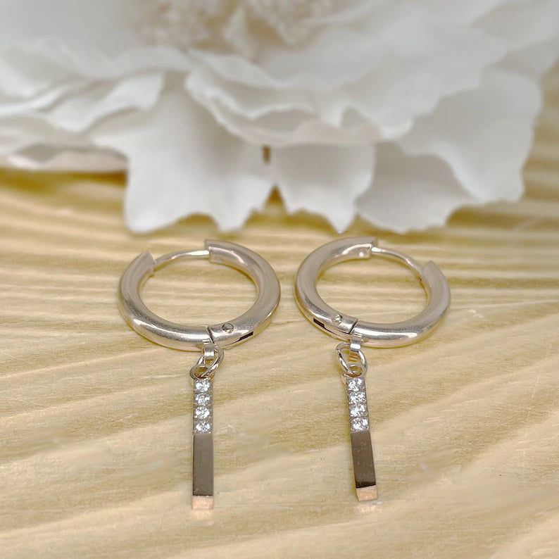 ✨ Surgical Steel CZ Bar Dangle Hoop Earrings