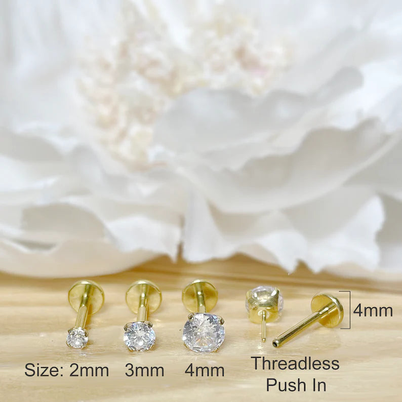 ✨ Gold Titanium Clear CZ Top Threadless Labret Bar