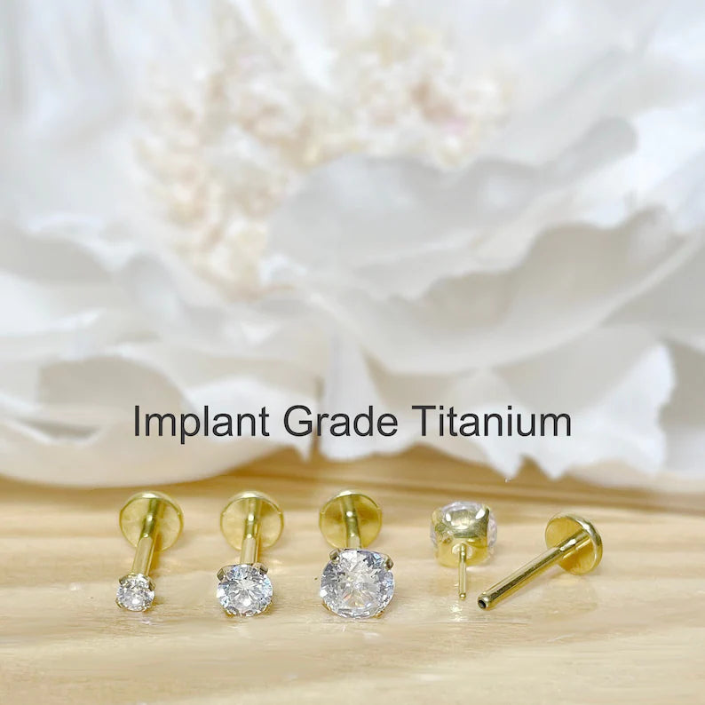 ✨ Gold Titanium Clear CZ Top Threadless Labret Bar