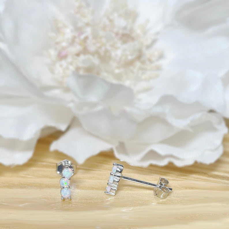 ✨ 925 Silver Dainty 3-Opal Stud Earrings