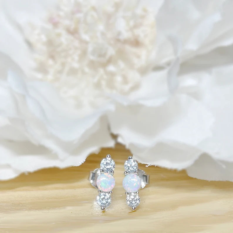 ✨ 925 Silver Dainty Opal and CZ Stud Earrings