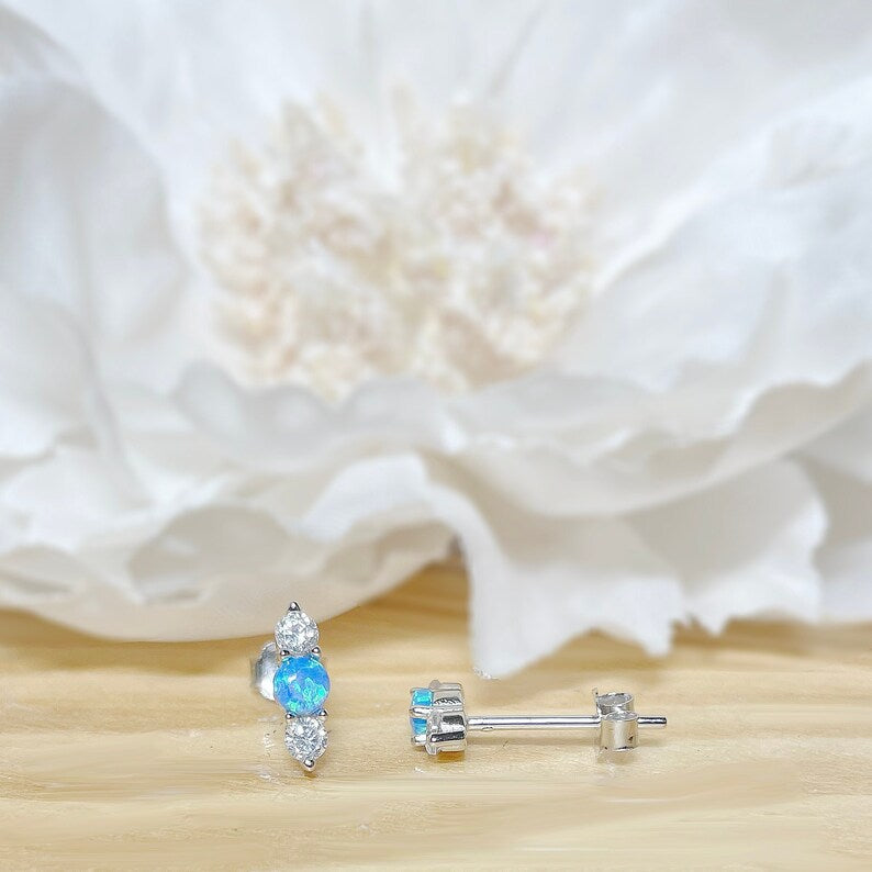 ✨ 925 Silver Dainty Opal and CZ Stud Earrings