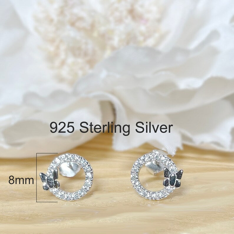 ✨ 925 Silver Butterfly Circle CZ Earrings