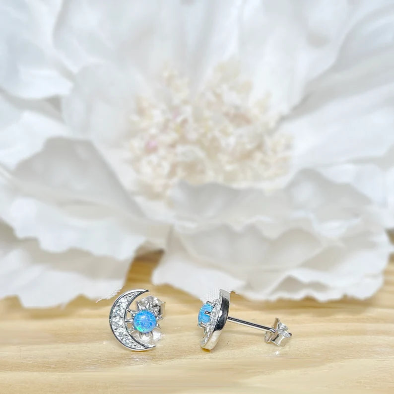 ✨ 925 Silver Opal Moon CZ Stud Earrings