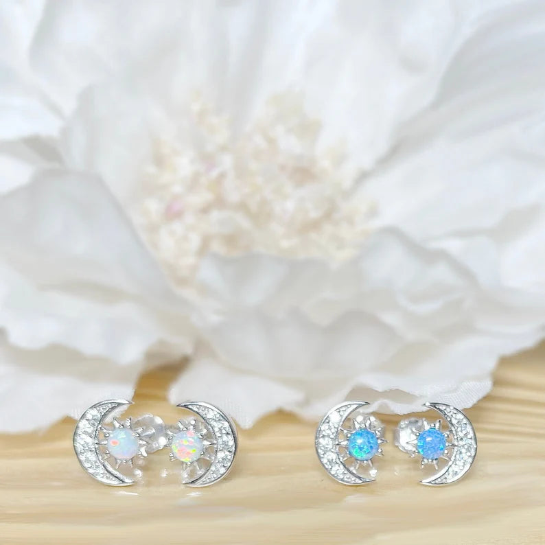 ✨ 925 Silver Opal Moon CZ Stud Earrings