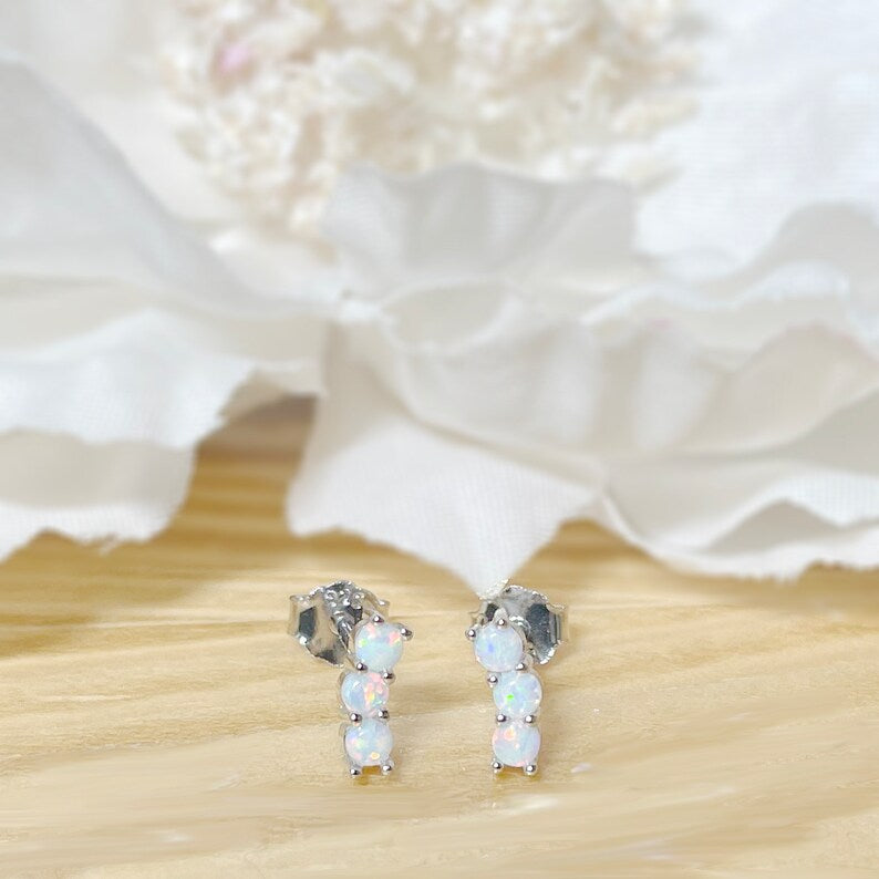 ✨ 925 Silver Dainty 3-Opal Stud Earrings