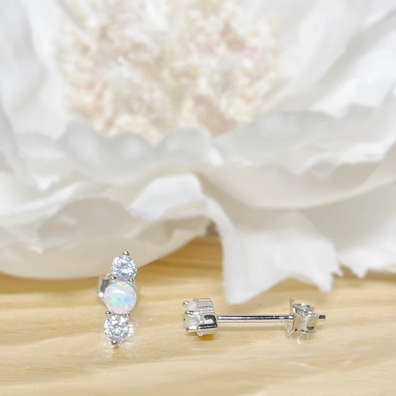 ✨ 925 Silver Dainty Opal and CZ Stud Earrings