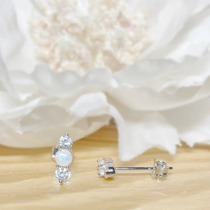 ✨ 925 Silver Dainty Opal and CZ Stud Earrings