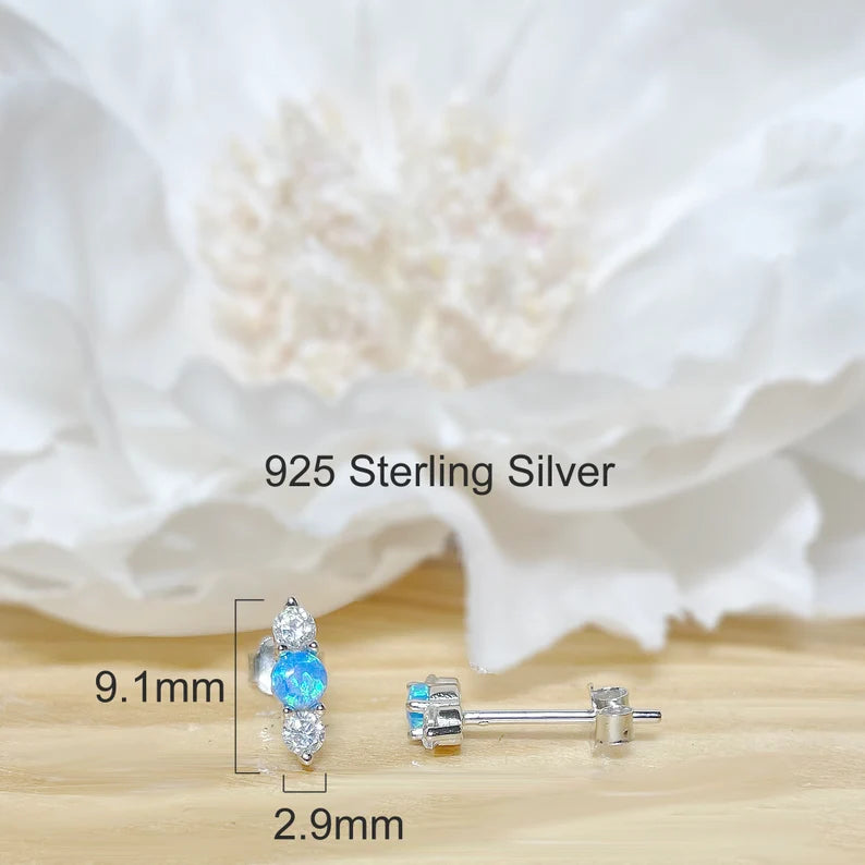 ✨ 925 Silver Dainty Opal and CZ Stud Earrings