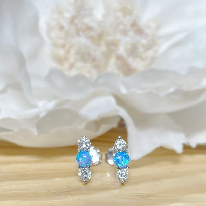 ✨ 925 Silver Dainty Opal and CZ Stud Earrings