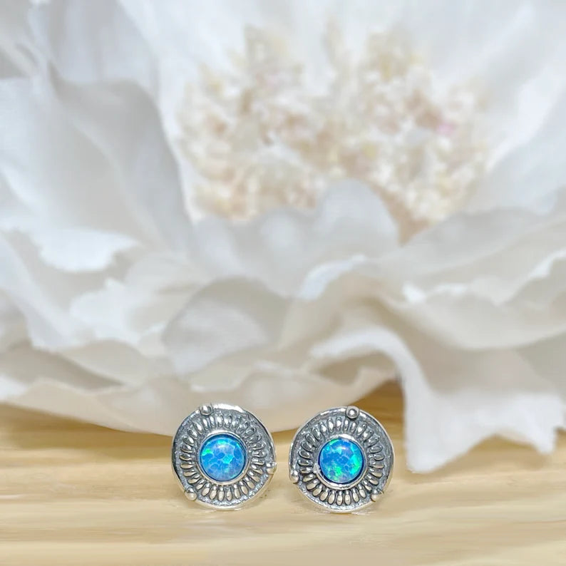 ✨ 925 Silver Round Opal Stud Earrings