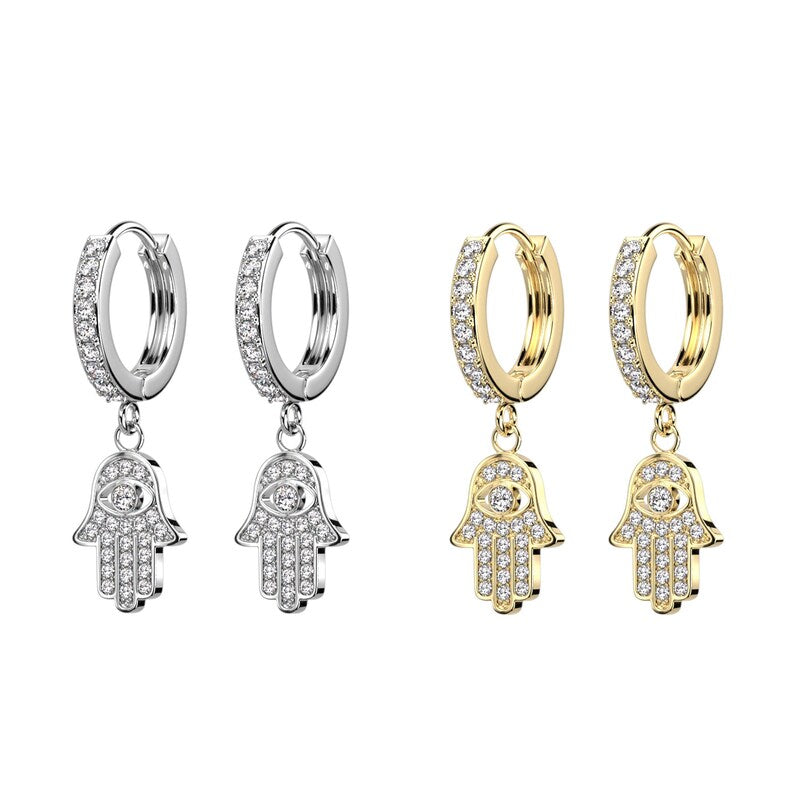 ✨ Surgical Steel Hamsa Dangle Hoop CZ Earrings