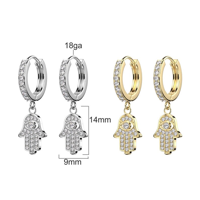 ✨ Surgical Steel Hamsa Dangle Hoop CZ Earrings