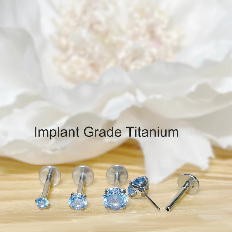 ✨ Titanium Aqua CZ Top Threadless Labret Bar 2mm 3mm 4mm