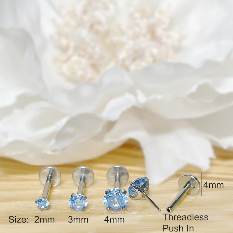 ✨ Titanium Aqua CZ Top Threadless Labret Bar 2mm 3mm 4mm