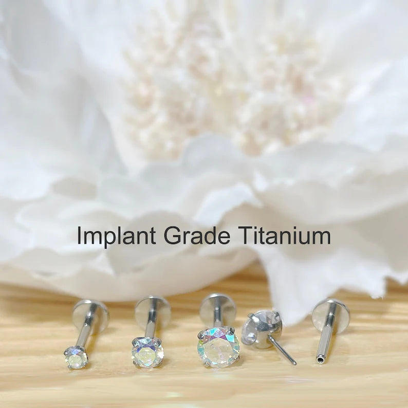 ✨ Titanium Round AB CZ Top Threadless Labret Bar