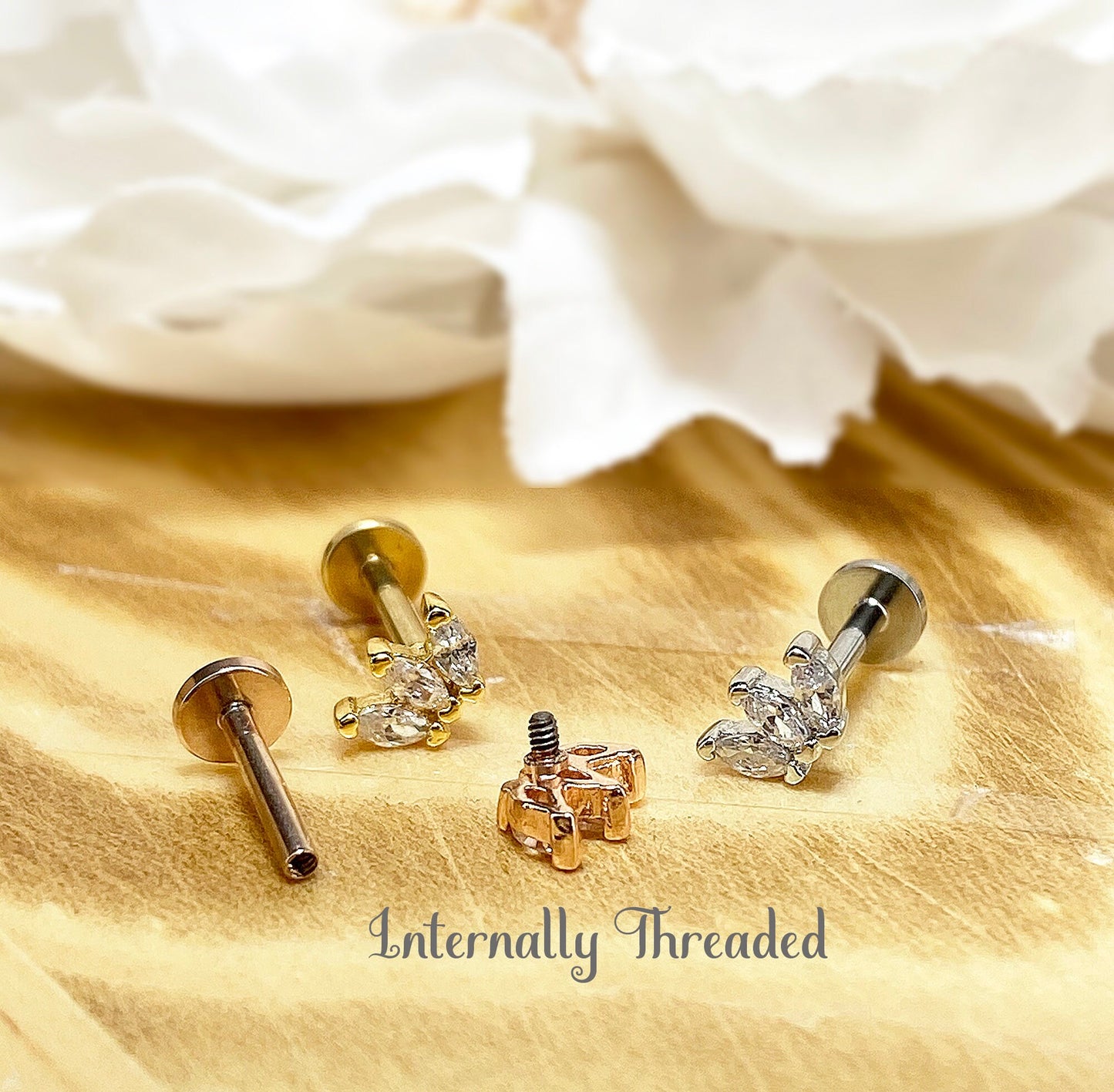 ✨ Surgical Steel CZ Crown Top Internally Threaded Flat Back Labret 16G