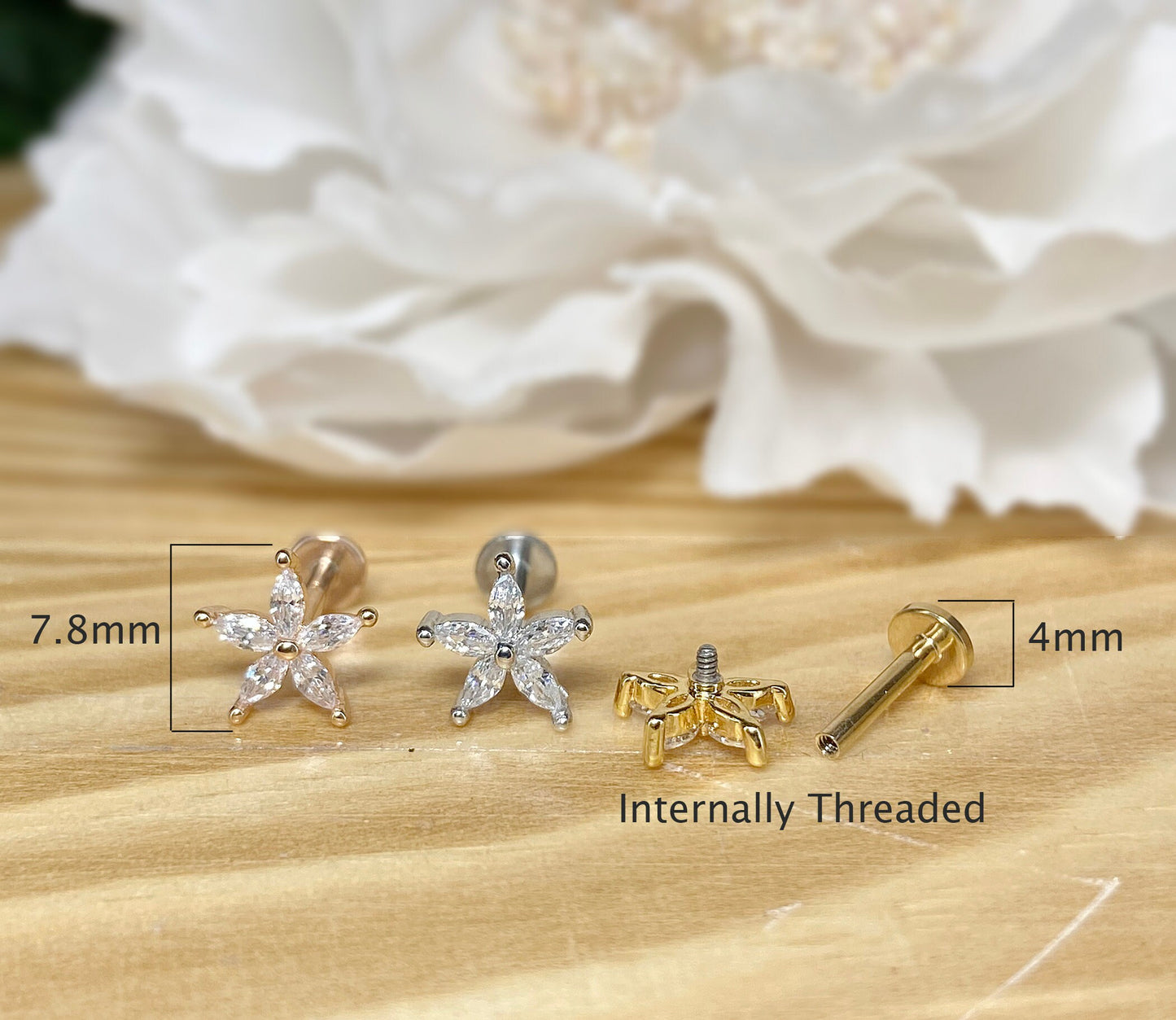 ✨ Flower CZ Internally Threaded Flat Back Labret 16G