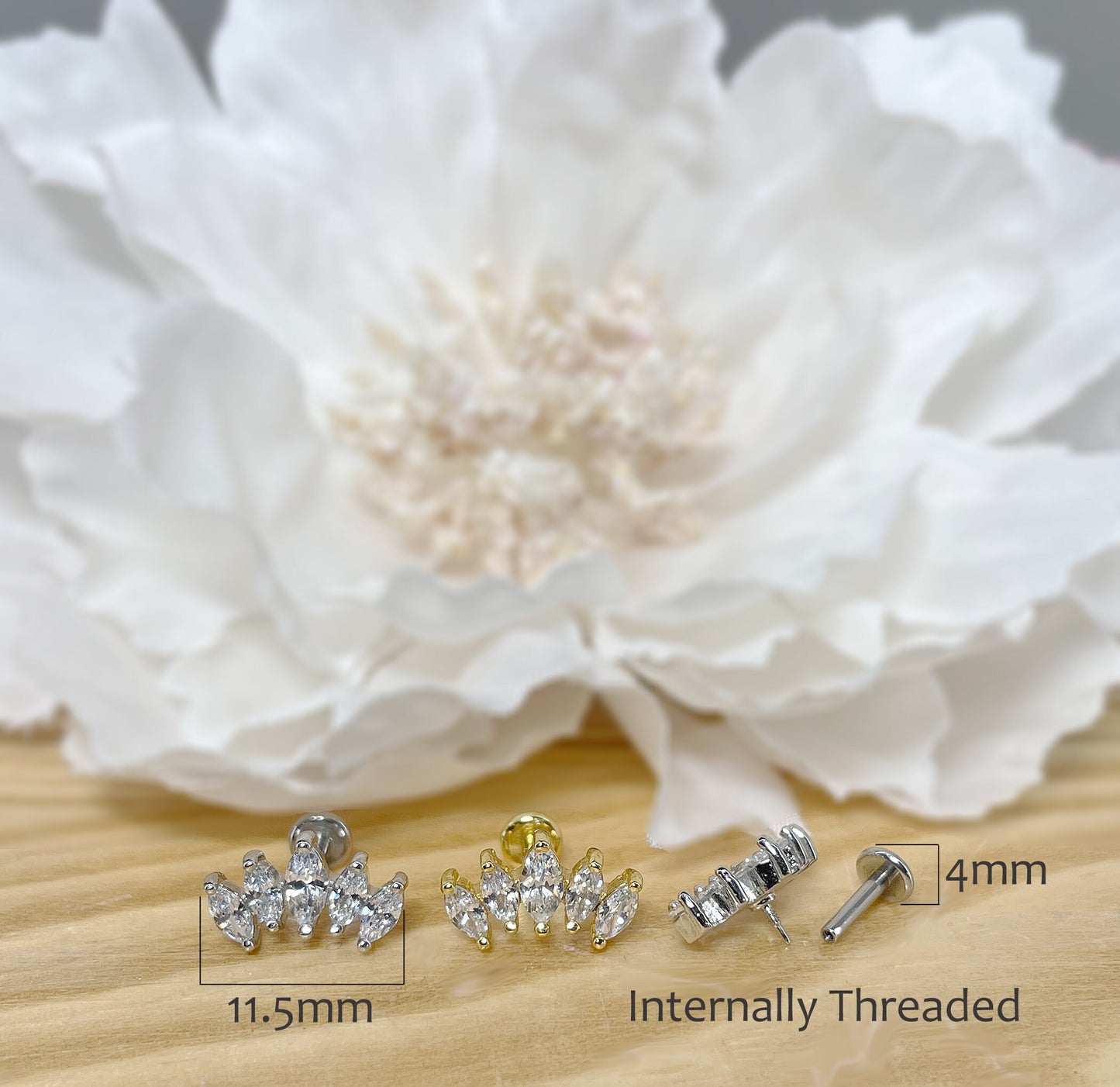 ✨ Surgical Steel Marquise CZ Internally Threaded Flat Back Labret 16G