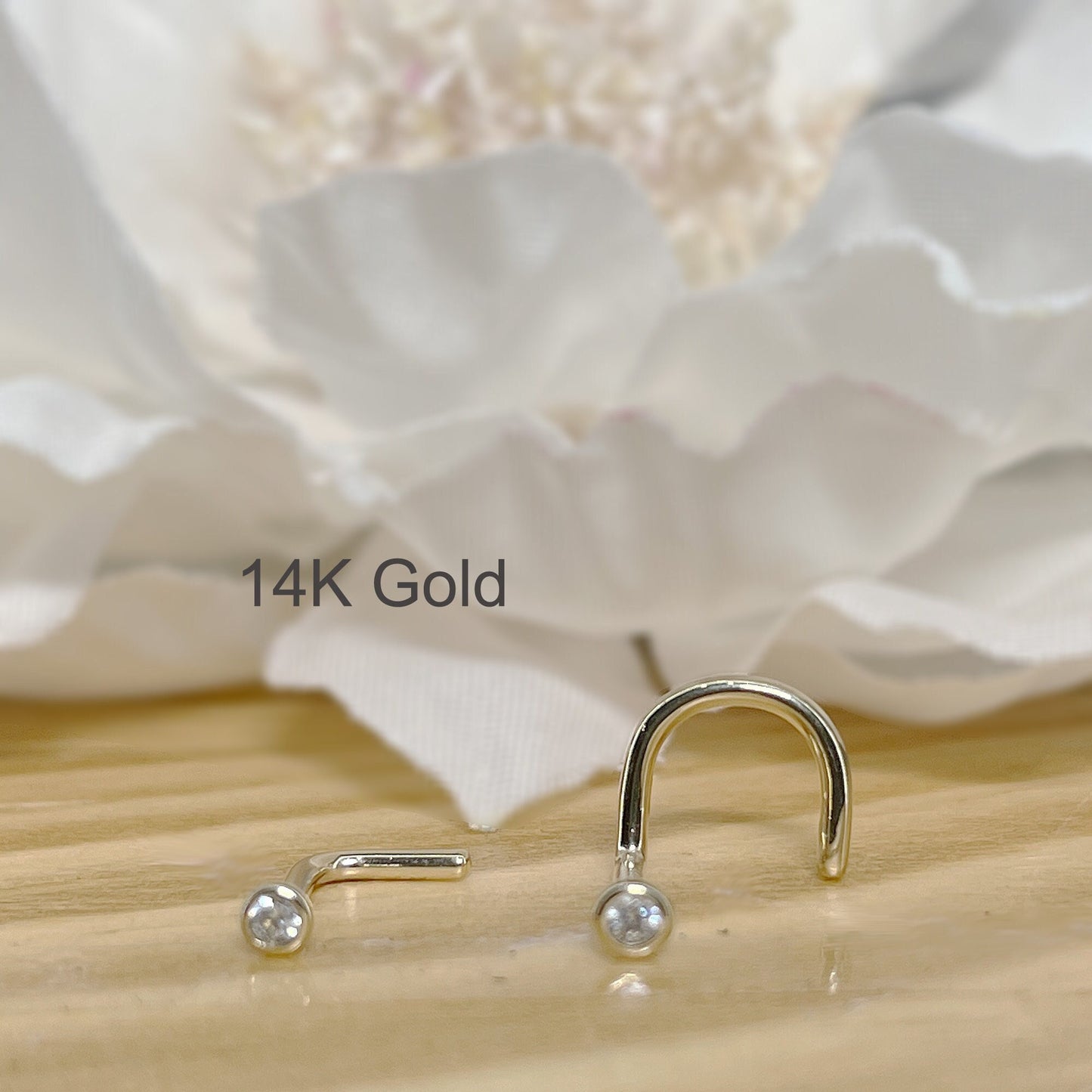 ✨ Solid 14K Gold L-Bend Nose Stud Ring with Round CZ Bezel Set