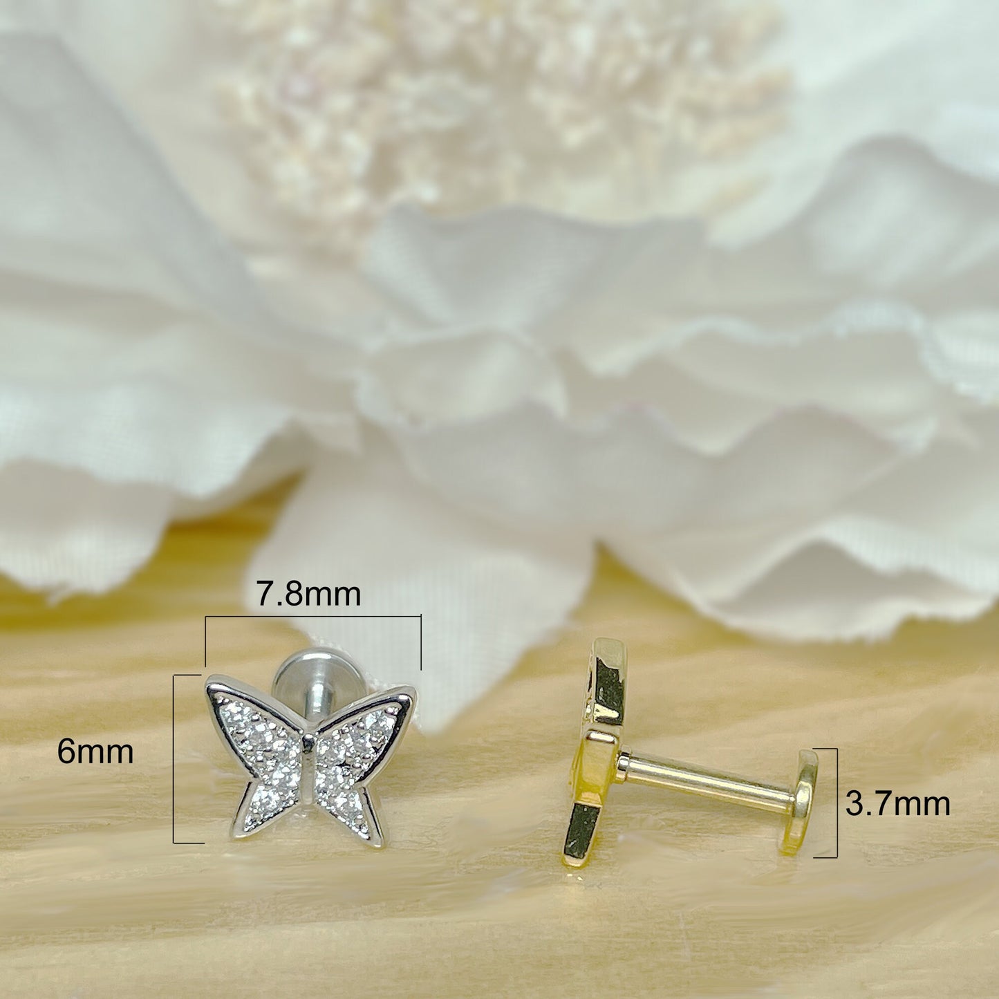 ✨ Butterfly CZ Internally Threaded Flat Back Labret 16G