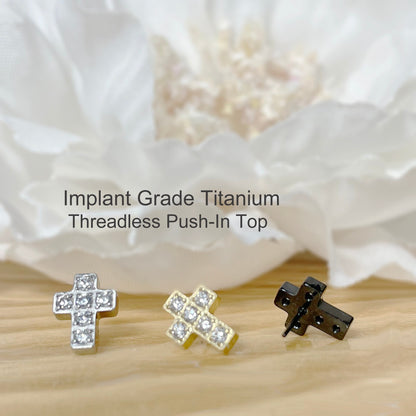 ✨ Titanium Cross CZ Threadless Top