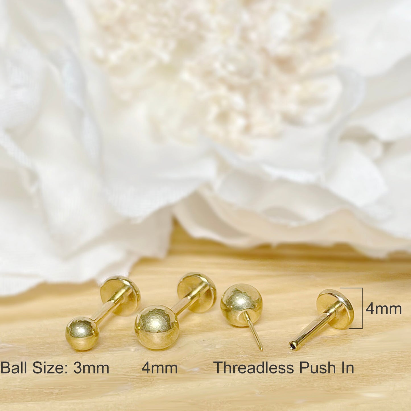 ✨ Gold Titanium 3mm 4mm Round Ball Threadless Top Labret Bar