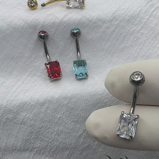 Titanium belly ring with CZ top and rectangle brass prong CZ for navel piercing
