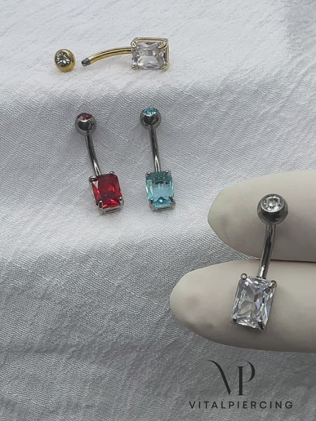 Titanium belly ring with CZ top and rectangle brass prong CZ for navel piercing