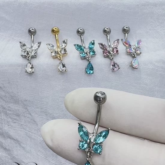 Surgical steel butterfly dangle belly button ring with CZ stones