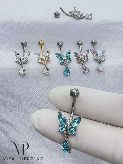 Surgical steel butterfly dangle belly button ring with CZ stones