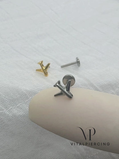 ✨ Titanium Threadless Push In Airplane Top Labret Bar Stud