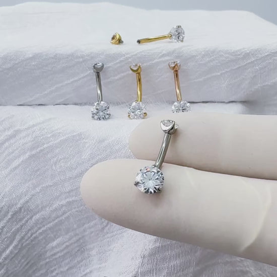 Titanium prong-set CZ belly button ring curved barbell
