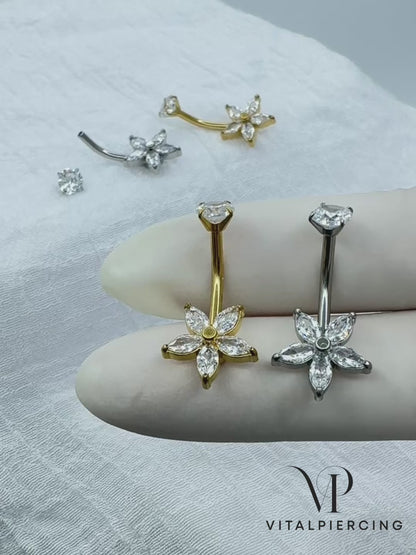 ✨ 316L Surgical Steel Internally Threaded Marquise CZ Flower Belly Button Ring 14G 10mm