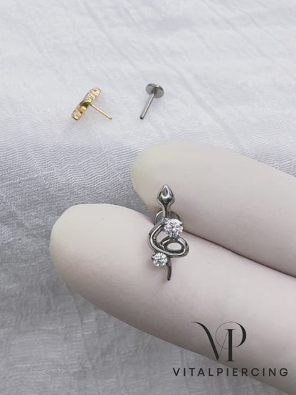 ✨ Titanium Threadless Push In Snake with CZ Top Labret Bar Stud