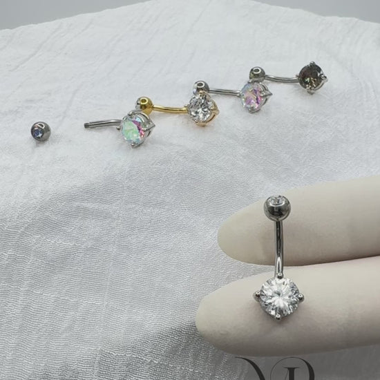 Titanium belly ring with CZ top and round brass prong-set CZ for navel piercing