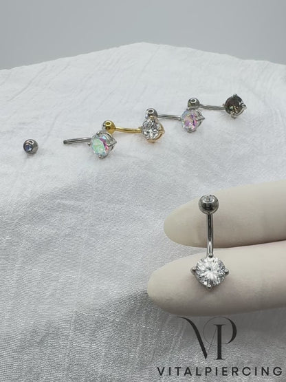 Titanium belly ring with CZ top and round brass prong-set CZ for navel piercing