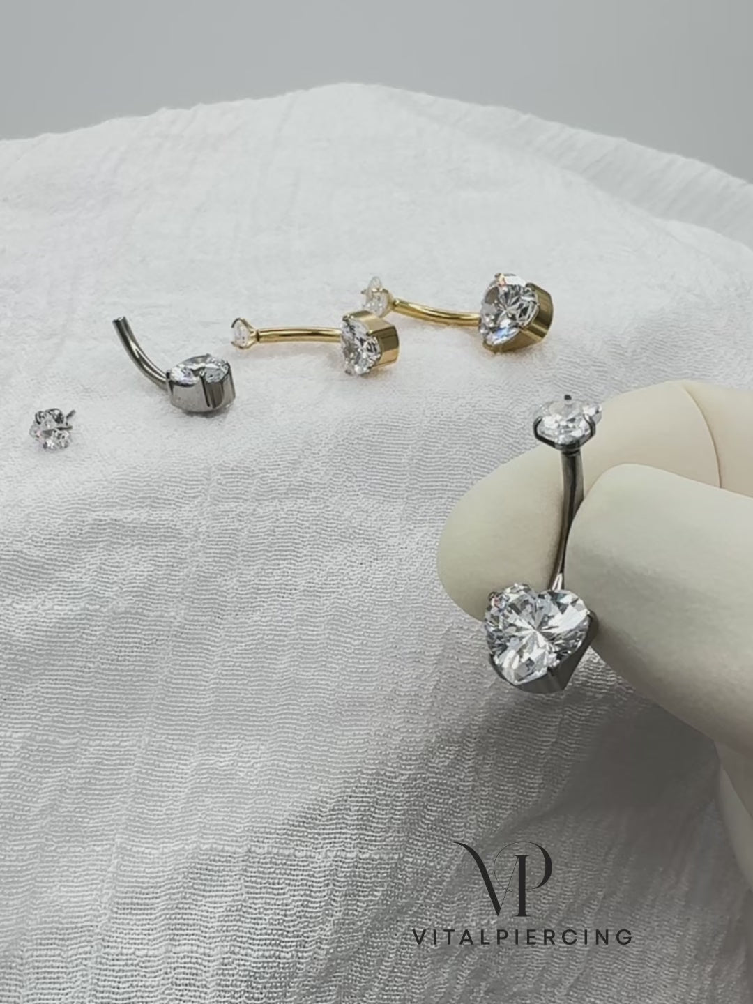 Titanium belly button ring with heart CZ top and bottom 14G
