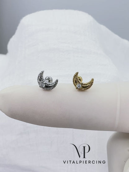 ✨ Surgical Steel Crescent Moon CZ Threaded Flat Back Labret 16G