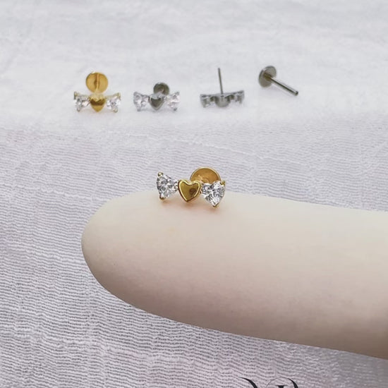 Titanium threadless labret with CZ triple heart top for ear piercing

