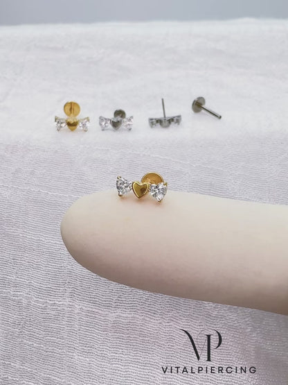 Titanium threadless labret with CZ triple heart top for ear piercing
